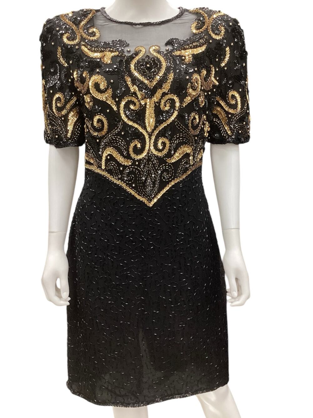 Lawerence Kazar VTG Dress Women’s Size Medium Silk Beaded in Black and Gold